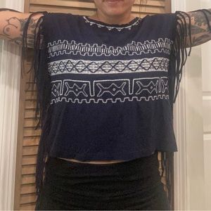 🐰Aztec print coastal cowgirl black fringe top